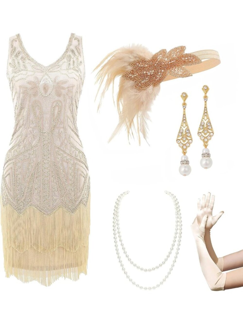 1920s Flapper Dress Set with Fringe & Accessories | Gatsby Costume Outfit